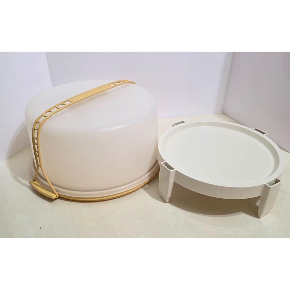 Vintage Tupperware Handle Cake Carrier with Pie Stacker Harvest Gold Round 12"